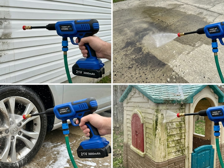 HydroWasher X5 Pro cleaning vinyl, concrete, alloy wheels and a plastic playhouse